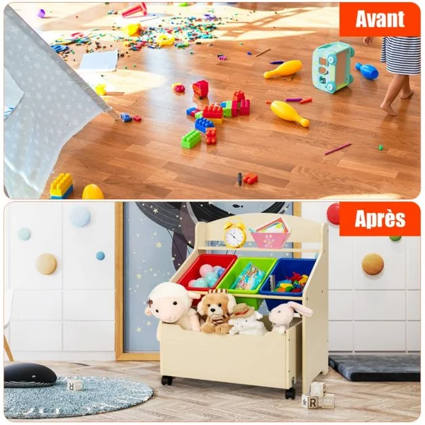 Meuble Rangement à Jouets avec Roulettes et 3 Bacs pour Ranger Livres/Jouets Conçus pour Chambre d'Enfant Maternelle