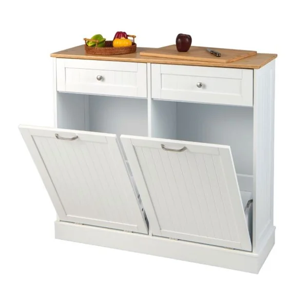 Meuble Salle de Bain avec 2 Tiroirs Armoire Commode avec Planche à Découper en Bambou Amovible 2 Placards Blanc