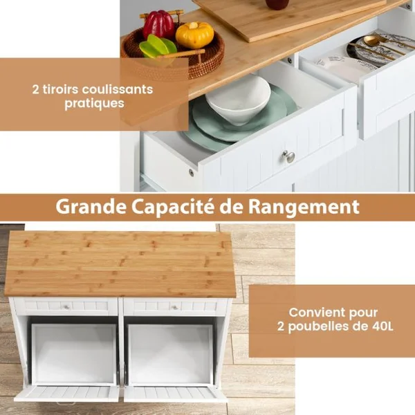 Meuble Salle de Bain avec 2 Tiroirs Armoire Commode avec Planche à Découper en Bambou Amovible 2 Placards Blanc