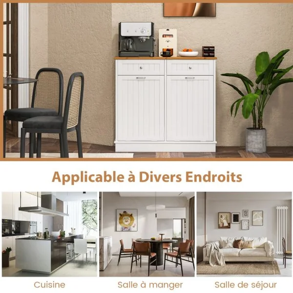 Meuble Salle de Bain avec 2 Tiroirs Armoire Commode avec Planche à Découper en Bambou Amovible 2 Placards Blanc