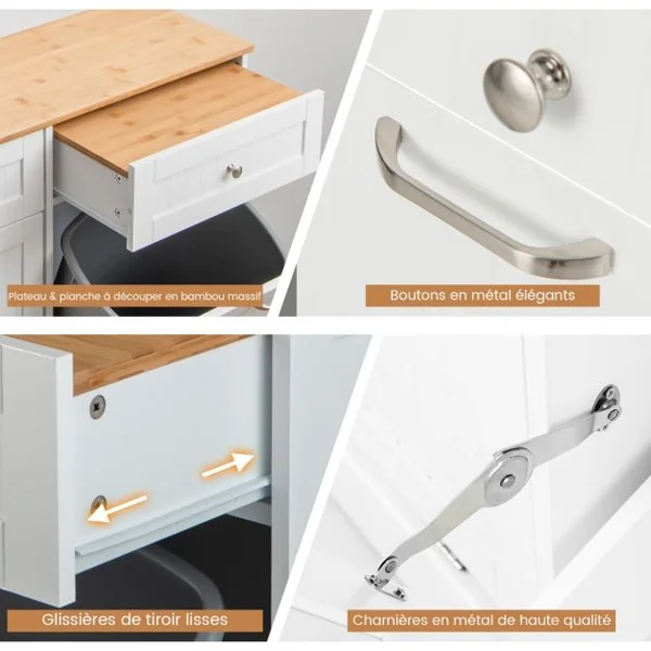 Meuble Salle de Bain avec 2 Tiroirs Armoire Commode avec Planche à Découper en Bambou Amovible 2 Placards Blanc