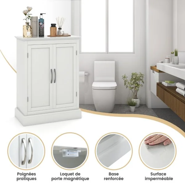 Meuble Salle de Bain Rangement avec 2 Porte et 2 Étagères Réglables Armoire Salle de Bain Commode de Rangement 60 x 32 x 81 cm Blanc