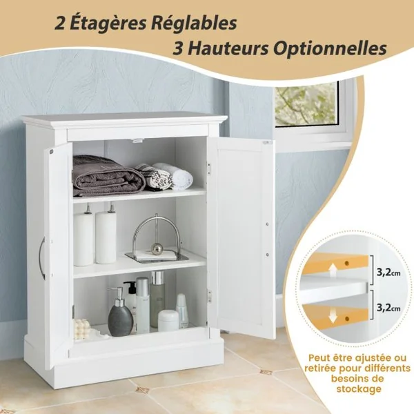 Meuble Salle de Bain Rangement avec 2 Porte et 2 Étagères Réglables Armoire Salle de Bain Commode de Rangement 60 x 32 x 81 cm Blanc