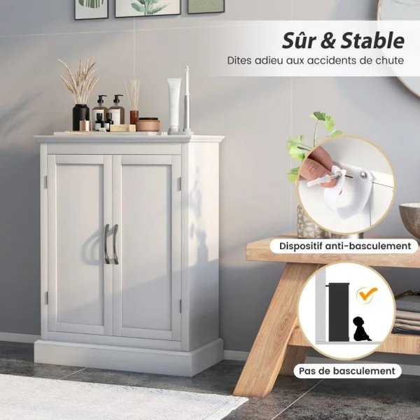 Meuble Salle de Bain Rangement avec 2 Porte et 2 Étagères Réglables Armoire Salle de Bain Commode de Rangement 60 x 32 x 81 cm Blanc