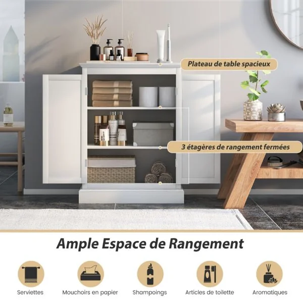 Meuble Salle de Bain Rangement avec 2 Porte et 2 Étagères Réglables Armoire Salle de Bain Commode de Rangement 60 x 32 x 81 cm Blanc