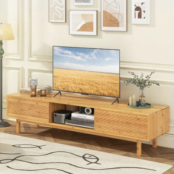 Meuble TV 160 cm en Bambou pour Télé 65"-70" Table Console TV Moderne du Milieu du Siècle Portes Coulissantes 3 Compartiments Naturel