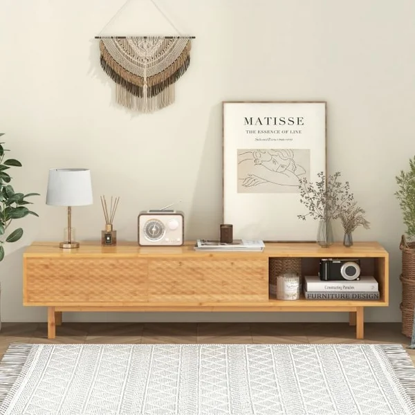 Meuble TV 160 cm en Bambou pour Télé 65"-70" Table Console TV Moderne du Milieu du Siècle Portes Coulissantes 3 Compartiments Naturel