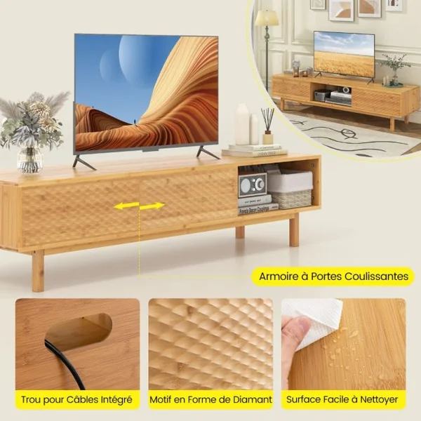 Meuble TV 160 cm en Bambou pour Télé 65"-70" Table Console TV Moderne du Milieu du Siècle Portes Coulissantes 3 Compartiments Naturel