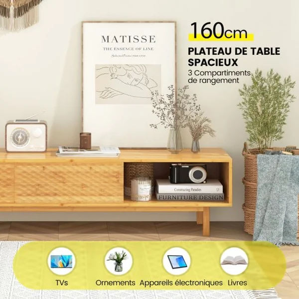 Meuble TV 160 cm en Bambou pour Télé 65"-70" Table Console TV Moderne du Milieu du Siècle Portes Coulissantes 3 Compartiments Naturel