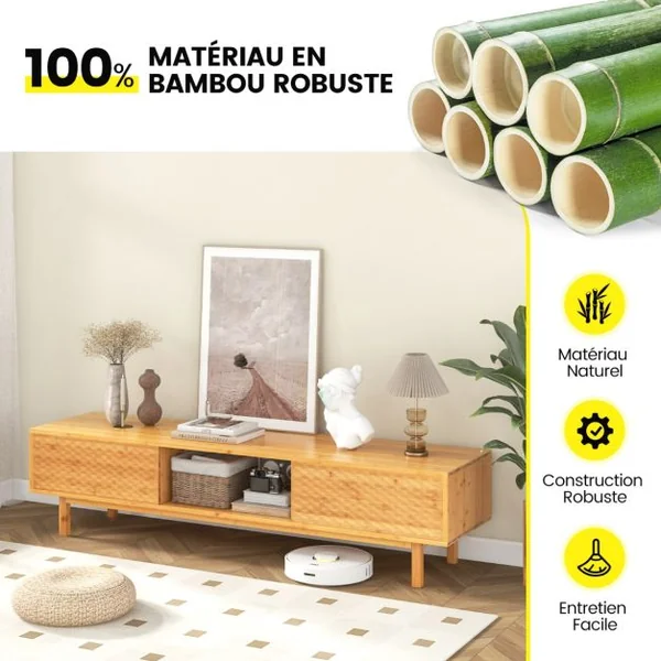 Meuble TV 160 cm en Bambou pour Télé 65"-70" Table Console TV Moderne du Milieu du Siècle Portes Coulissantes 3 Compartiments Naturel