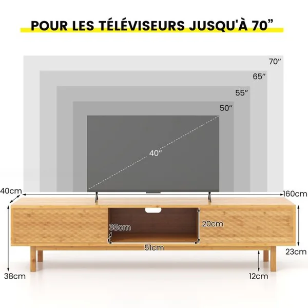 Meuble TV 160 cm en Bambou pour Télé 65"-70" Table Console TV Moderne du Milieu du Siècle Portes Coulissantes 3 Compartiments Naturel