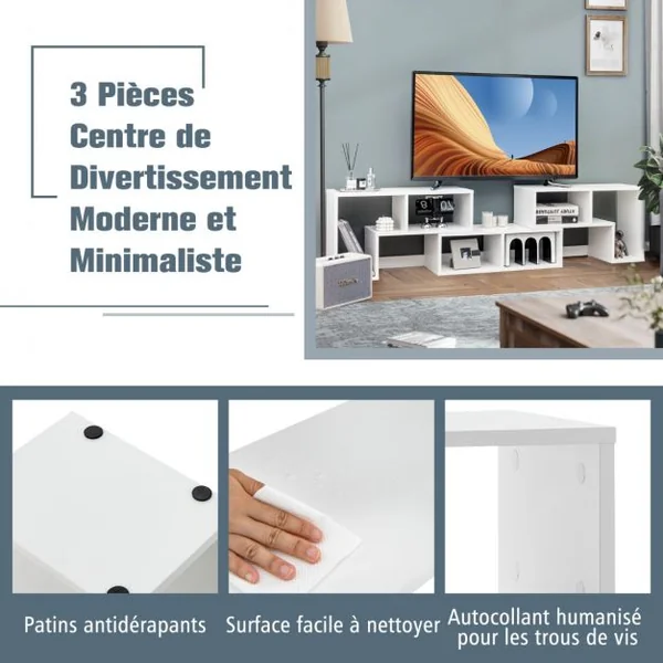 Meuble TV 3 Pièces 139x30x43cm Combination Libre pour Télévision Jusqu’à 49 Pouces pour Salon Chambre Bureau en MDF Blanc