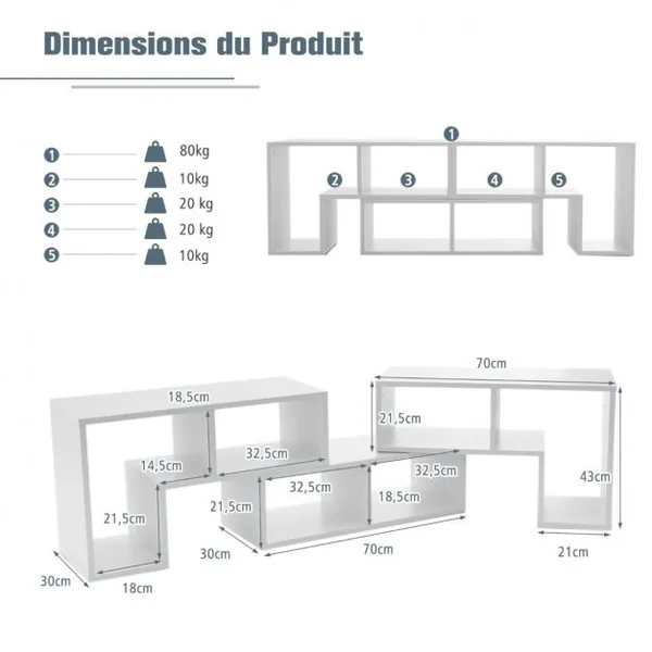 Meuble TV 3 Pièces 139x30x43cm Combination Libre pour Télévision Jusqu’à 49 Pouces pour Salon Chambre Bureau en MDF Blanc