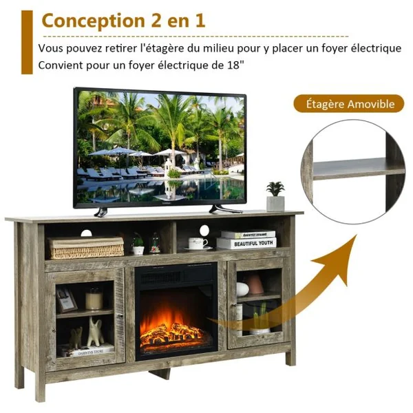 Meuble TV avec 2 Armoires Laterales et Étageres 18" Foyer Électrique pour Salon Chambre 147 x 40 x 81,5 cm Gris