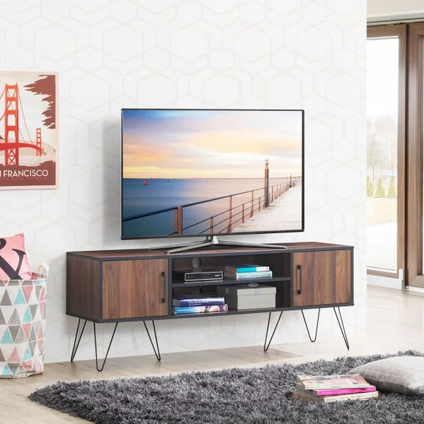 Meuble TV avec 2 Portes pour Téléviseurs Jusqu'à 152,4 cm Support de Télévision avec Étagère Réglable pour Salon Chambre