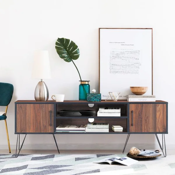 Meuble TV avec 2 Portes pour Téléviseurs Jusqu'à 152,4 cm Support de Télévision avec Étagère Réglable pour Salon Chambre