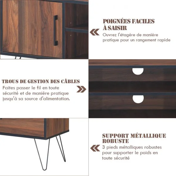 Meuble TV avec 2 Portes pour Téléviseurs Jusqu'à 152,4 cm Support de Télévision avec Étagère Réglable pour Salon Chambre