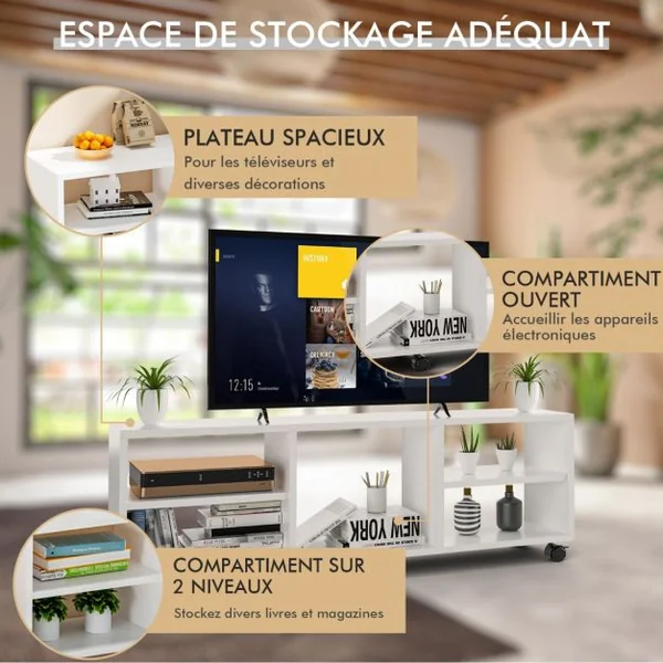 Meuble TV avec 6 Roues Verrouillables 140 x 40 x 47 CM Banc TV Moderne avec 5 Étagères pour Salon et Chambre Blanc