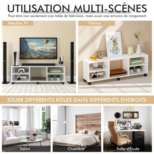 Meuble TV avec 6 Roues Verrouillables 140 x 40 x 47 CM Banc TV Moderne avec 5 Étagères pour Salon et Chambre Blanc