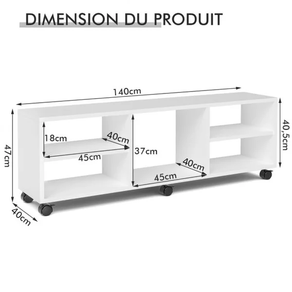 Meuble TV avec 6 Roues Verrouillables 140 x 40 x 47 CM Banc TV Moderne avec 5 Étagères pour Salon et Chambre Blanc