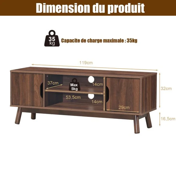 Meuble TV avec Compartiments et Étagères Jusqu’à 43 Pouces pour Salon Chambre Salle de Jeu 120x39x48,8cm Marron