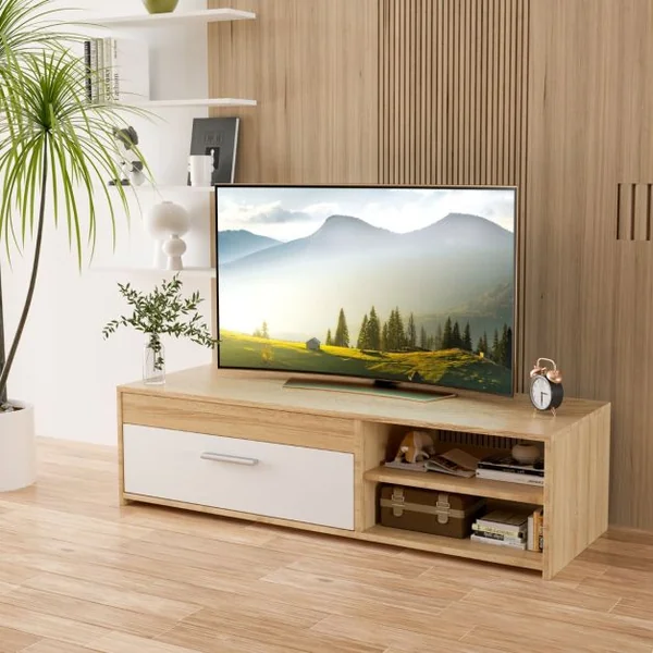 Meuble TV Banc TV Multimédia 120 CM pour TV Jusqu'à 49 " avec 1 Placard Latéral et 2 Étagères à Stockage
