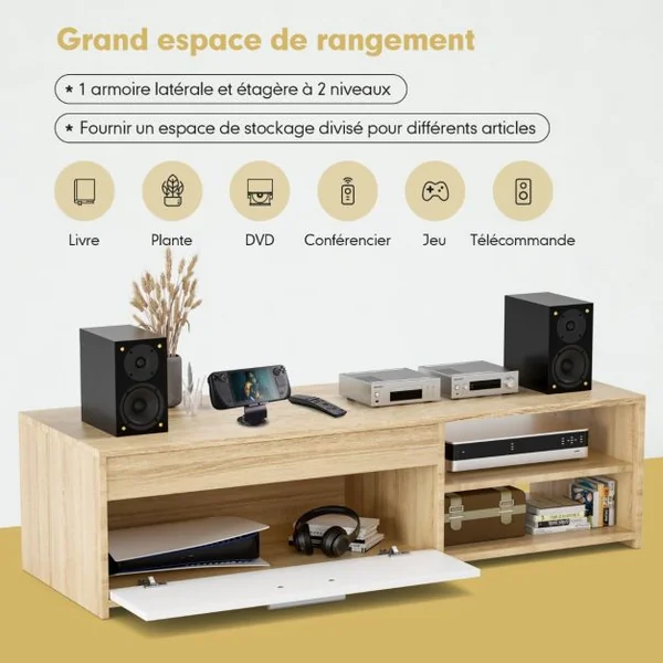 Meuble TV Banc TV Multimédia 120 CM pour TV Jusqu'à 49 " avec 1 Placard Latéral et 2 Étagères à Stockage