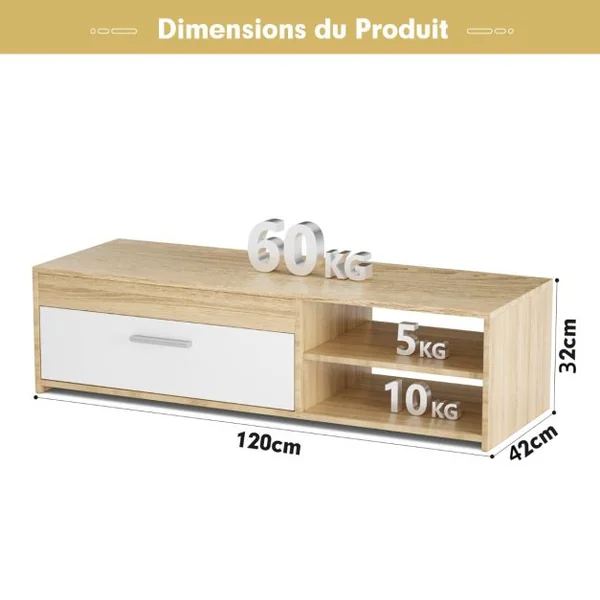 Meuble TV Banc TV Multimédia 120 CM pour TV Jusqu'à 49 " avec 1 Placard Latéral et 2 Étagères à Stockage