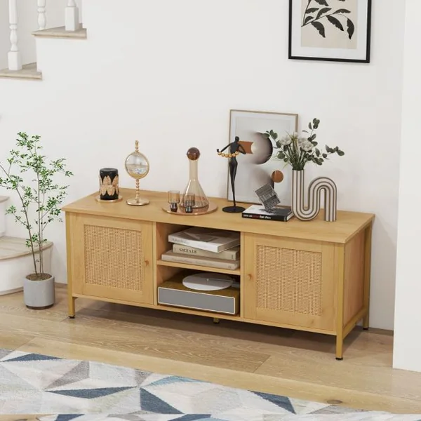 Meuble TV Boho Jusqu'à 55" Table Console Multimédia en Rotin Pe 2 Armoires Étagère Ouverte 5 Pieds en Métal Centre de Divertissement 2 Trous Naturel
