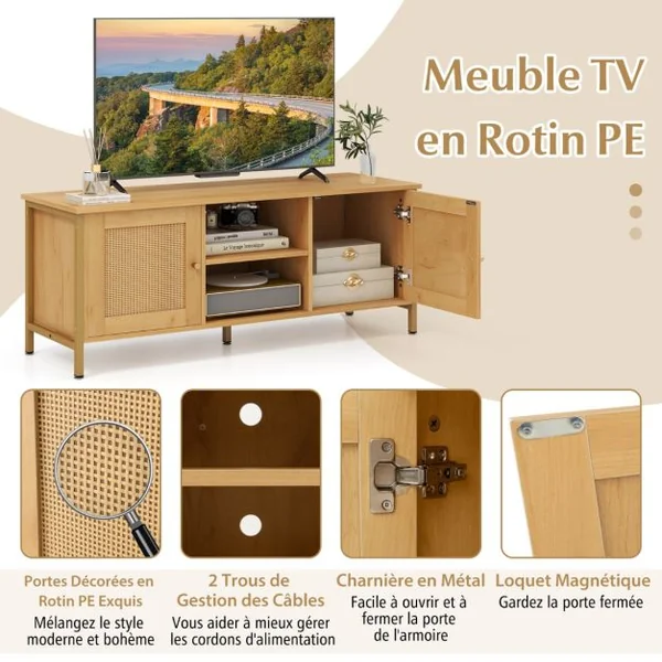 Meuble TV Boho Jusqu'à 55" Table Console Multimédia en Rotin Pe 2 Armoires Étagère Ouverte 5 Pieds en Métal Centre de Divertissement 2 Trous Naturel