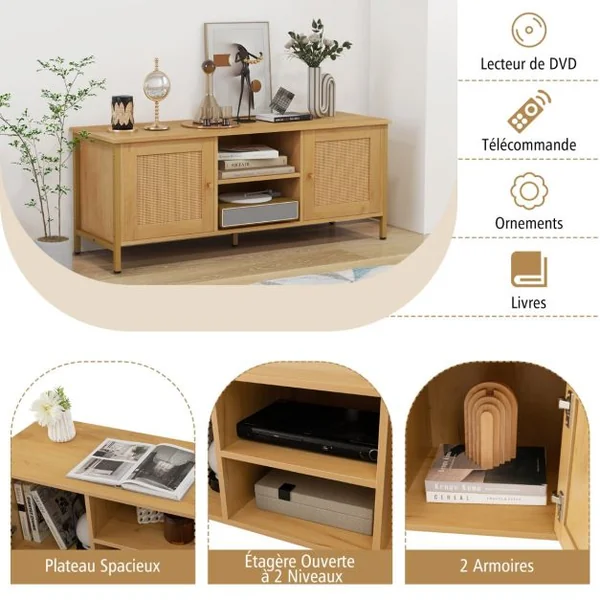 Meuble TV Boho Jusqu'à 55" Table Console Multimédia en Rotin Pe 2 Armoires Étagère Ouverte 5 Pieds en Métal Centre de Divertissement 2 Trous Naturel
