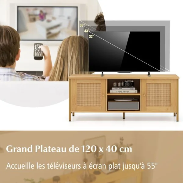 Meuble TV Boho Jusqu'à 55" Table Console Multimédia en Rotin Pe 2 Armoires Étagère Ouverte 5 Pieds en Métal Centre de Divertissement 2 Trous Naturel