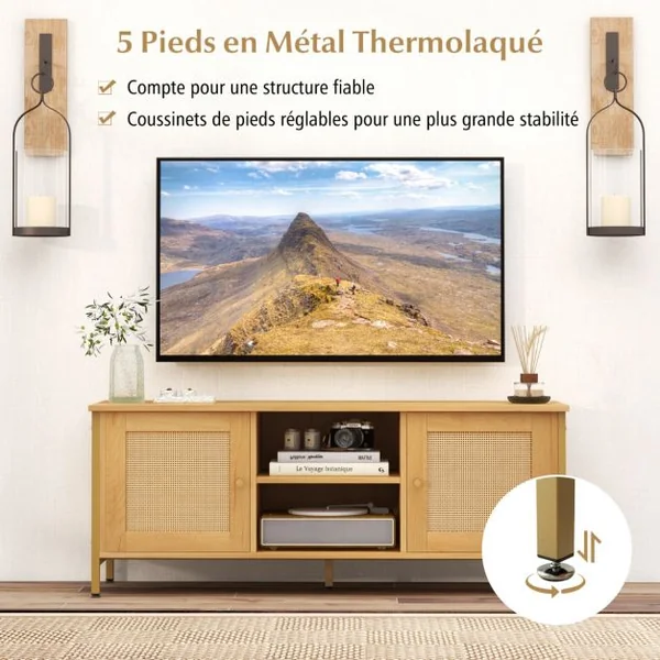 Meuble TV Boho Jusqu'à 55" Table Console Multimédia en Rotin Pe 2 Armoires Étagère Ouverte 5 Pieds en Métal Centre de Divertissement 2 Trous Naturel