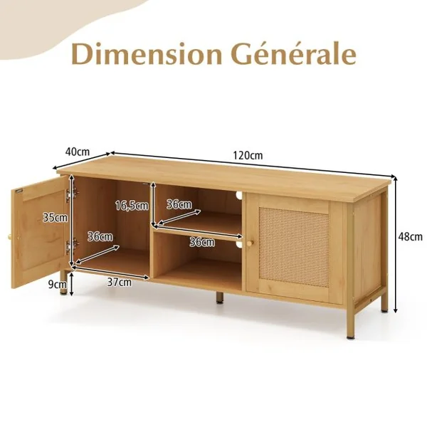 Meuble TV Boho Jusqu'à 55" Table Console Multimédia en Rotin Pe 2 Armoires Étagère Ouverte 5 Pieds en Métal Centre de Divertissement 2 Trous Naturel