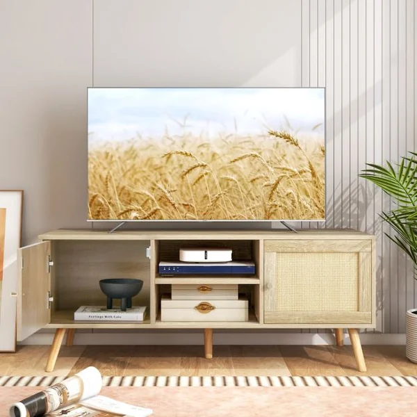 Meuble TV Bois Meuble Tele à Porte Cannage avec 4 Compartiments pour TV 55" Banc TV à 4 Pieds en Bois Massif Style Bohème 120 x 40 x 40,5 cm Naturel
