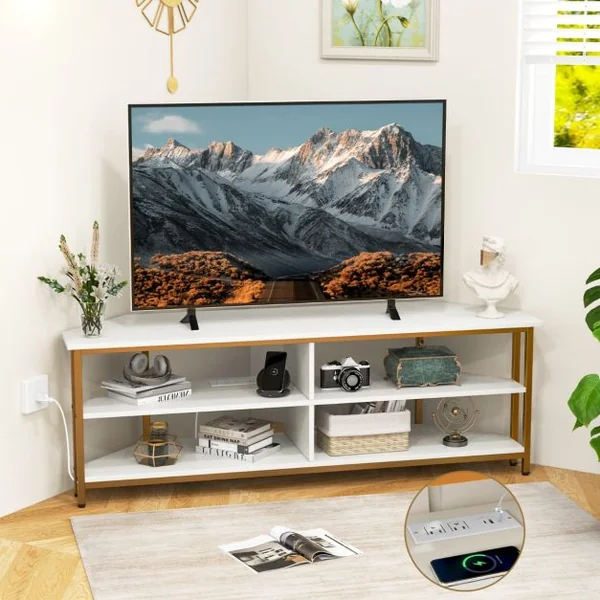 Meuble TV d'Angle pour TV Jusqu'à 65 Pouces Prises Secteur Ports USB A+C Cadre en Métal Etagères de Rangement Blanc+Or