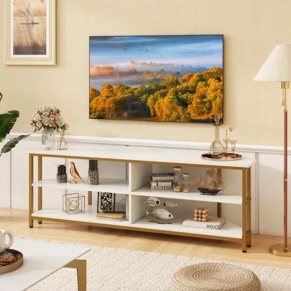 Meuble TV d'Angle pour TV Jusqu'à 65 Pouces Prises Secteur Ports USB A+C Cadre en Métal Etagères de Rangement Blanc+Or