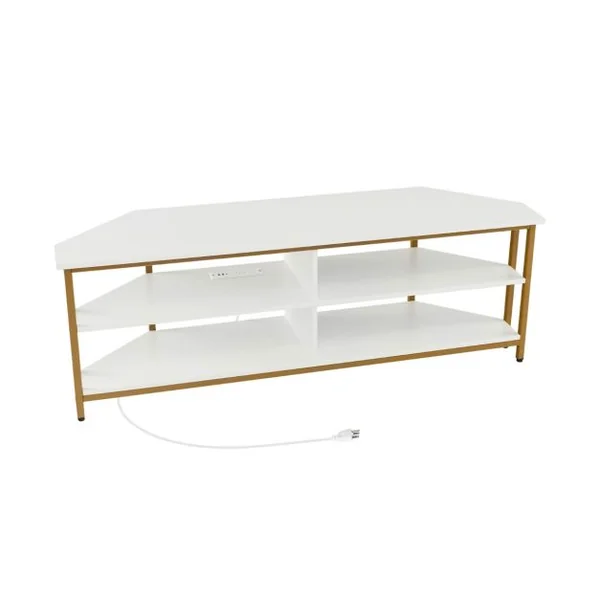 Meuble TV d'Angle pour TV Jusqu'à 65 Pouces Prises Secteur Ports USB A+C Cadre en Métal Etagères de Rangement Blanc+Or