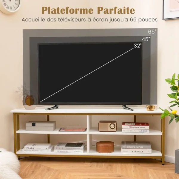 Meuble TV d'Angle pour TV Jusqu'à 65 Pouces Prises Secteur Ports USB A+C Cadre en Métal Etagères de Rangement Blanc+Or