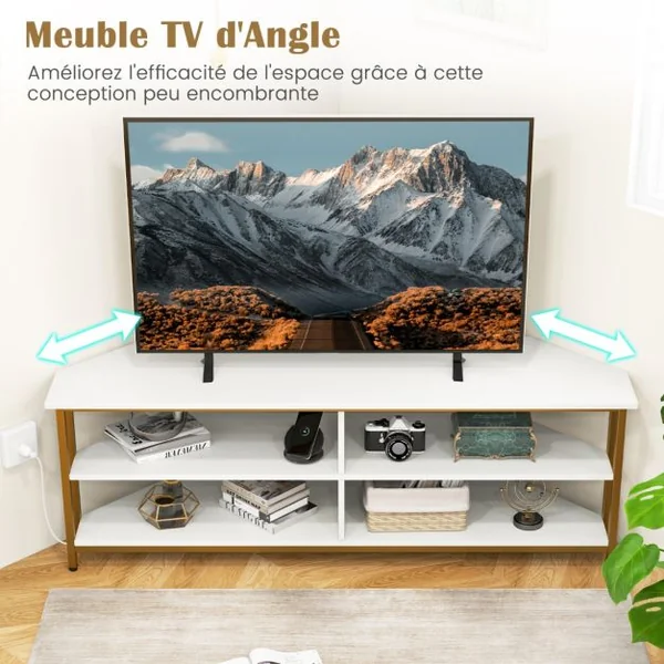 Meuble TV d'Angle pour TV Jusqu'à 65 Pouces Prises Secteur Ports USB A+C Cadre en Métal Etagères de Rangement Blanc+Or