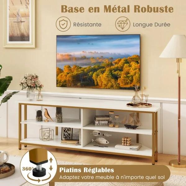 Meuble TV d'Angle pour TV Jusqu'à 65 Pouces Prises Secteur Ports USB A+C Cadre en Métal Etagères de Rangement Blanc+Or