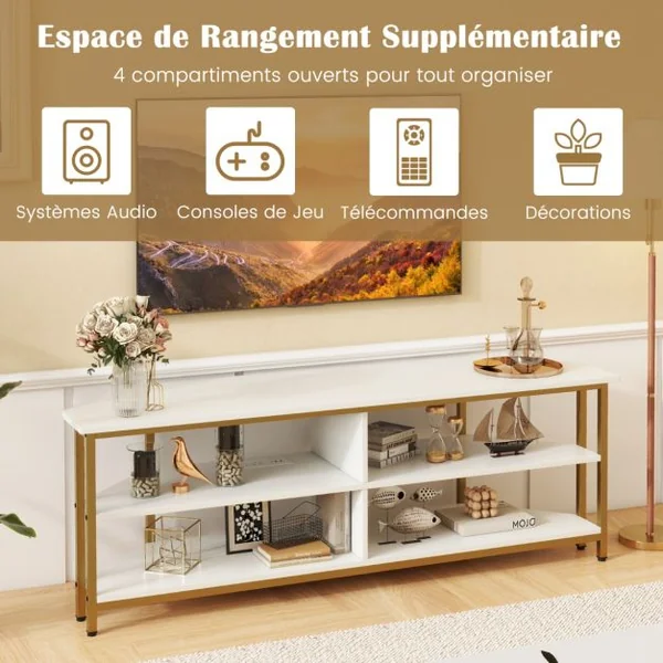Meuble TV d'Angle pour TV Jusqu'à 65 Pouces Prises Secteur Ports USB A+C Cadre en Métal Etagères de Rangement Blanc+Or