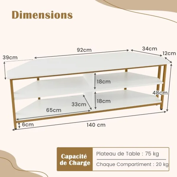 Meuble TV d'Angle pour TV Jusqu'à 65 Pouces Prises Secteur Ports USB A+C Cadre en Métal Etagères de Rangement Blanc+Or