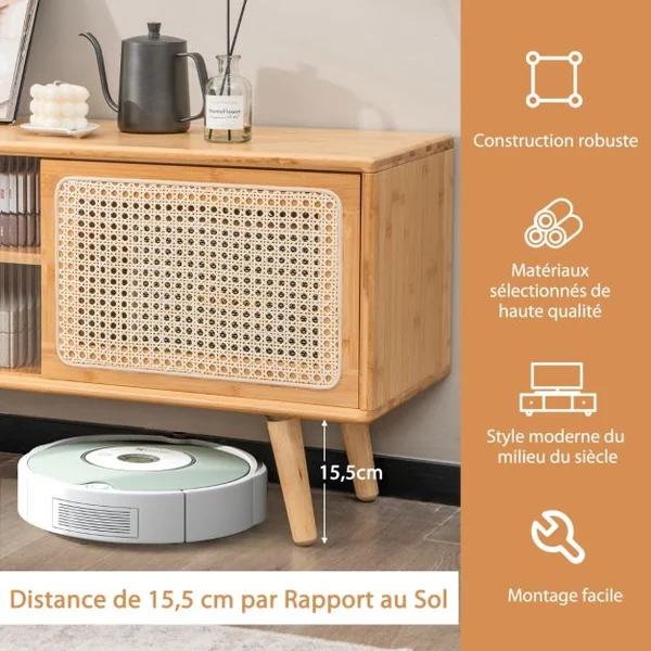 Meuble TV en Bambou avec 4 Compartiments pour TV 55" au Max Banc TV à 4 Pieds en Bois Massif 2 Portes Coulissantes en Rotin et Verre Trempé 120,5x31x45,5cm