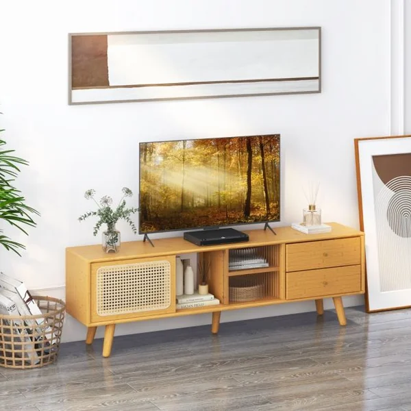 Meuble TV en Bambou pour TV 65" avec 2 Compartiments 2 Tiroirs Porte Coulissantes pour Salon Chambre, 140 x 31 x 45,5 cm