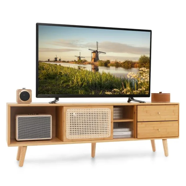 Meuble TV en Bambou pour TV 65" avec 2 Compartiments 2 Tiroirs Porte Coulissantes pour Salon Chambre, 140 x 31 x 45,5 cm