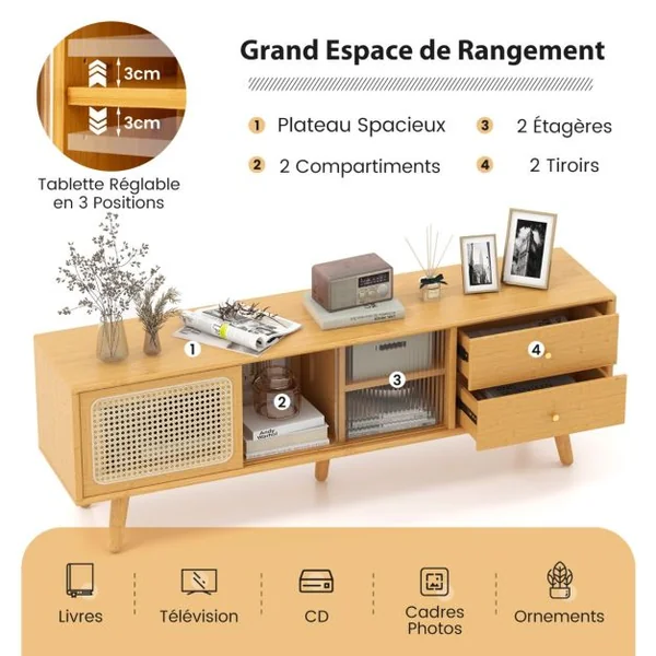 Meuble TV en Bambou pour TV 65" avec 2 Compartiments 2 Tiroirs Porte Coulissantes pour Salon Chambre, 140 x 31 x 45,5 cm