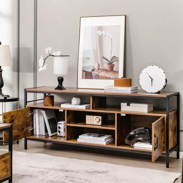Meuble Tv Industriel Meuble Télé avce 2 Placards à Porte et 4 Compartiments Meuble pour TV jusqu'à 65 Pouces 147 x 40 x 62 cm Marron Rustique