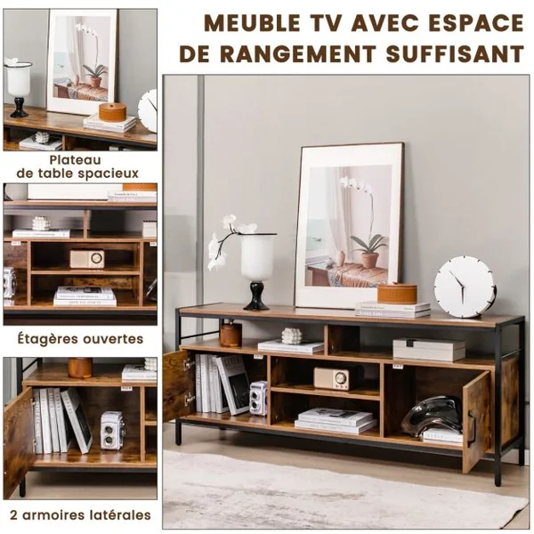 Meuble Tv Industriel Meuble Télé avce 2 Placards à Porte et 4 Compartiments Meuble pour TV jusqu'à 65 Pouces 147 x 40 x 62 cm Marron Rustique