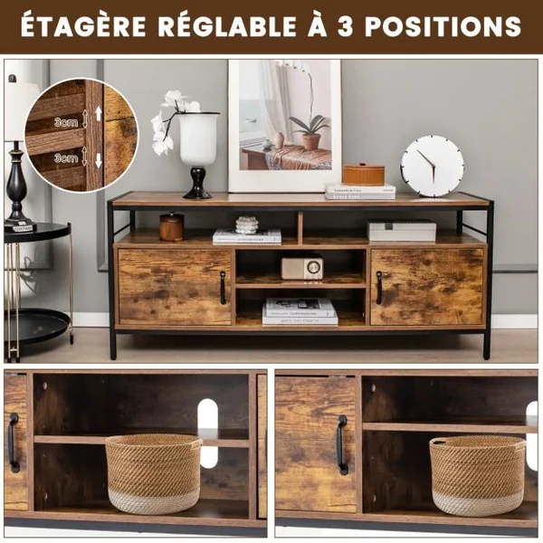 Meuble Tv Industriel Meuble Télé avce 2 Placards à Porte et 4 Compartiments Meuble pour TV jusqu'à 65 Pouces 147 x 40 x 62 cm Marron Rustique